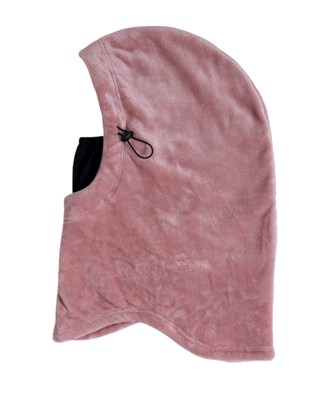 Autumn dusty pink plush fleece balaclava hood with black drawstring and neck coverage
