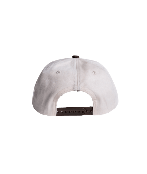 Autumn Twill Five Panel Snapback hat in white with brown snapback closure, rear view
