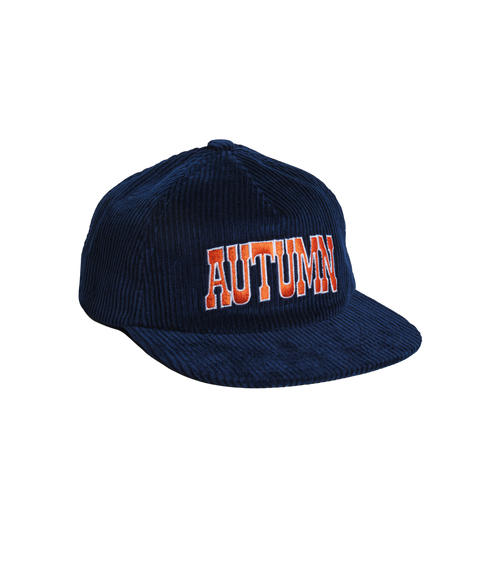 Navy blue corduroy snapback cap with orange and white embroidered Autumn logo