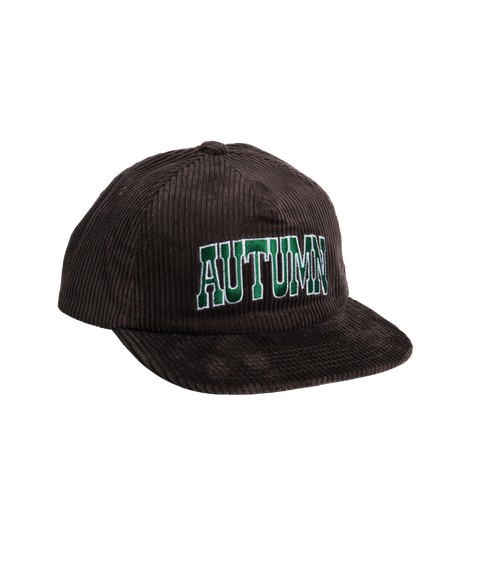 Dark brown corduroy snapback cap with green embroidered Autumn arch logo