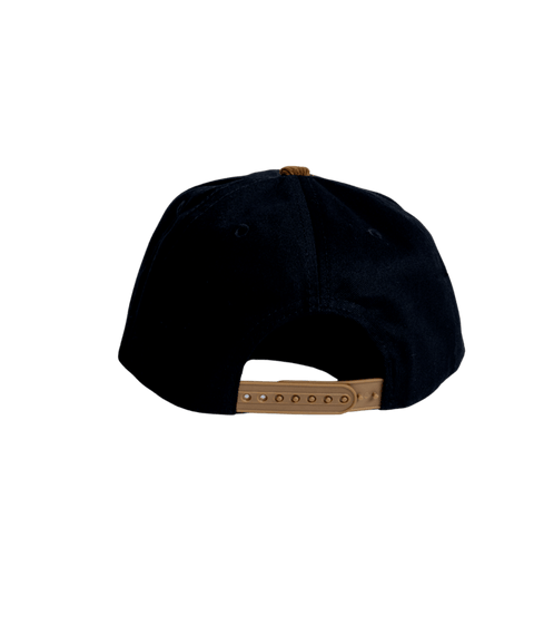 Black snapback hat back view with tan adjustable snap closure and button top