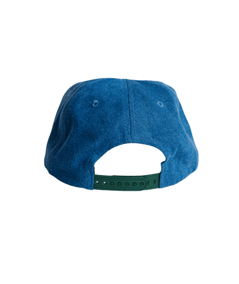 Autumn six panel snapback hat in blue denim with green snapback closure