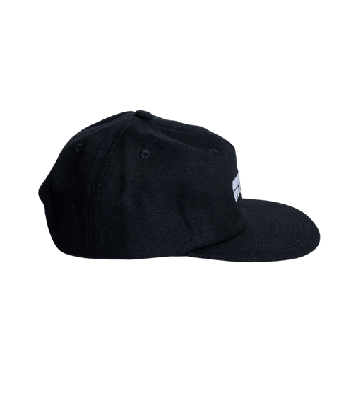 Autumn black canvas six panel snapback hat, side view with flat brim