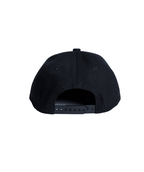 Autumn black canvas snapback cap showing rear adjustable snap closure