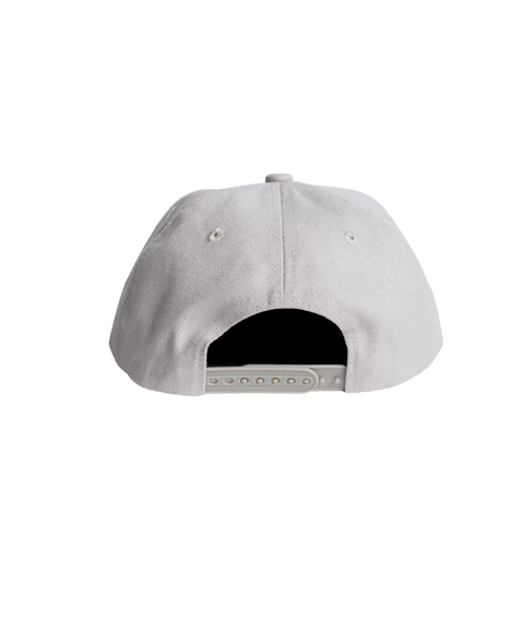 Light gray snapback cap back view showing adjustable plastic snap closure