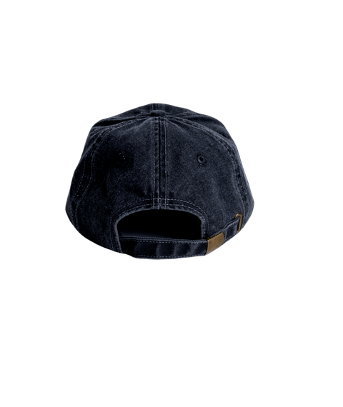 Autumn Six Panel Strapback cap back view, washed black with leather strap closure