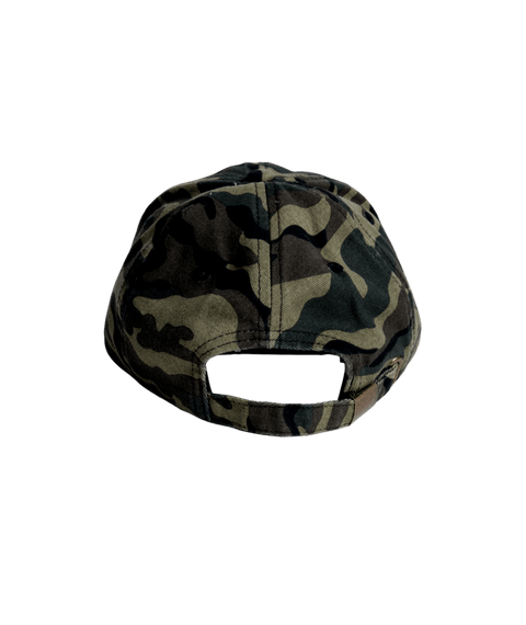 Autumn Six Panel Strapback cap in green and black camouflage pattern, back view
