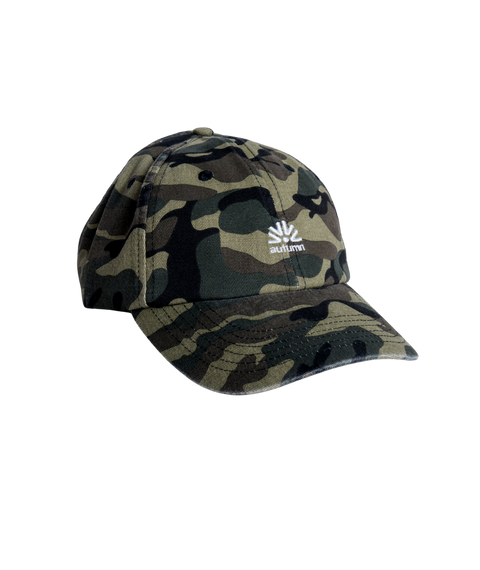 Autumn six panel strapback hat in green woodland camo with white logo