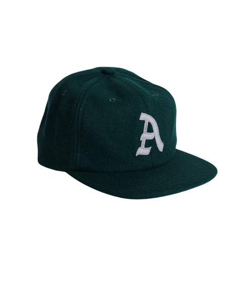 Autumn dark green wool six-panel strapback cap with white old-English A logo