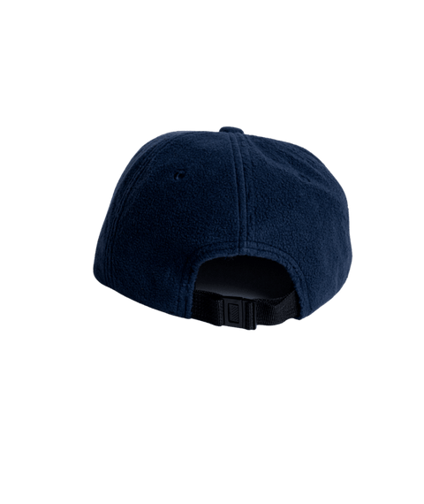 Navy blue fleece six-panel cap, rear view, black adjustable buckle strap