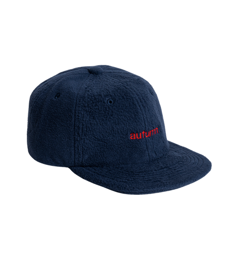 Autumn Six Panel Fleece Cap in navy blue with red embroidered logo