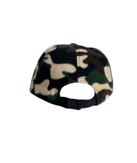 Autumn Six Panel Fleece Cap in woodland camo pattern, back view with buckle strap