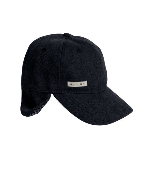 Autumn black washed canvas baseball cap with ear flaps and small logo patch