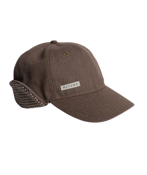 Autumn brown washed canvas baseball cap with foldable houndstooth ear flaps