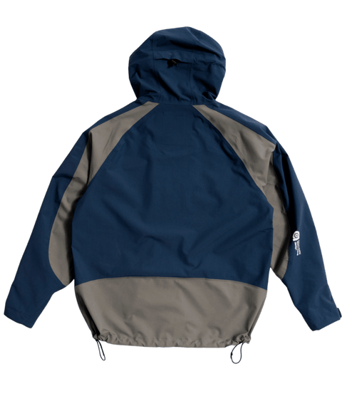 Autumn Crest 3L hooded jacket back view in navy blue and gray colorblock
