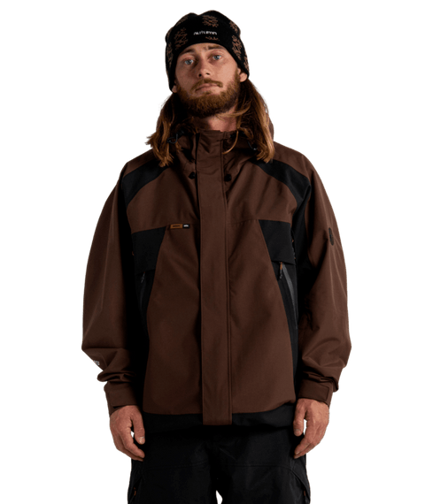 Autumn Crest 3L snowboard jacket in brown and black colorblock with beanie