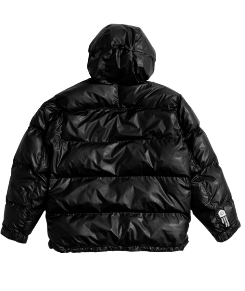 Autumn Magma Puffy Jacket in glossy black with hood, back view