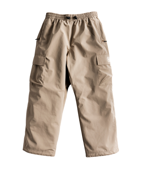 Khaki beige men's cargo pants with elastic drawstring waist and side cargo pockets