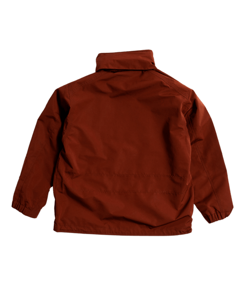 Rust brown men's zip-up yard jacket, back view, elastic cuffs, high collar