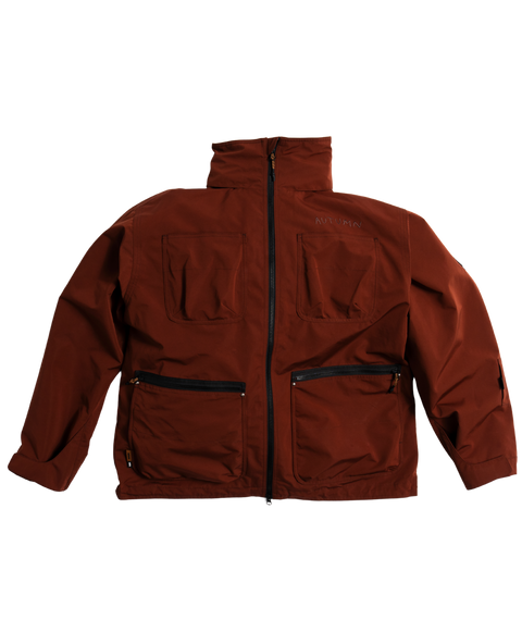 Autumn Men's Yard Jacket in rust red with black zippers and multiple front pockets