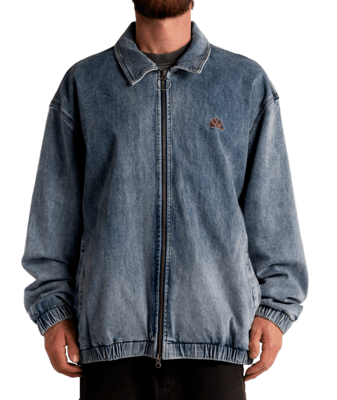 Autumn men's oversized blue denim zip-up jacket with elastic hem and logo