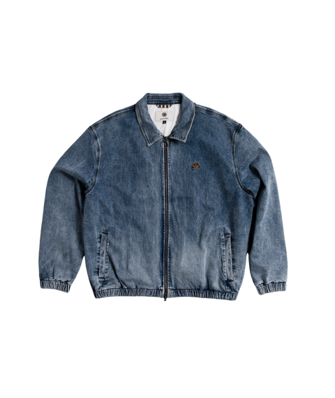Autumn men's washed blue denim zip-up work jacket with elastic hem and cuffs