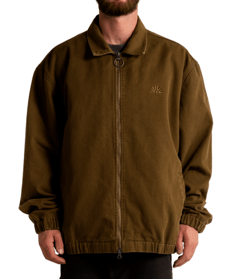 Autumn men's olive green zip-up work jacket with embroidered logo and elastic cuffs