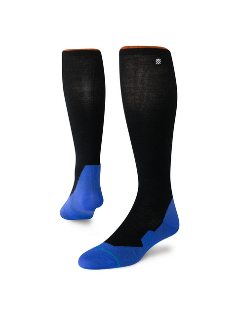 Stance black knee-high wool snowboard socks with blue toe, heel, and orange cuff