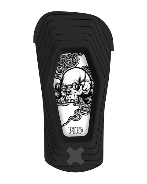 Bent Metal Transfer snowboard bindings in black with skull and floral tattoo art insert