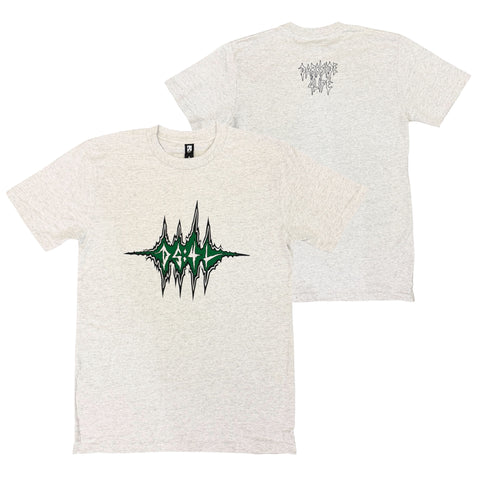 Heather white crew neck tee with green black DS4L metal graphic front and back