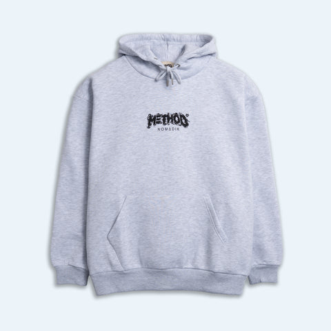 Heather grey pullover hoodie with black Method Mag Nomadik graphic logo on chest