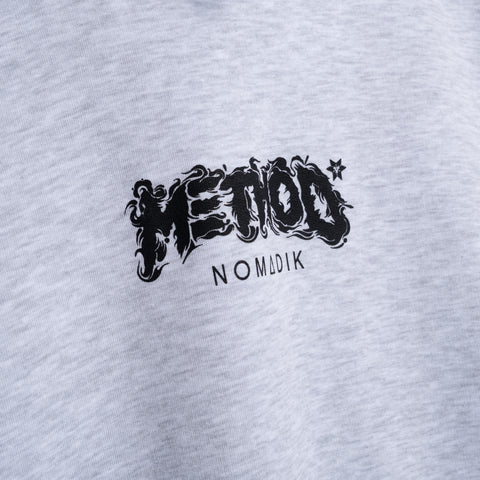 Light gray hoodie with black Method Mag Nomadik gothic logo print