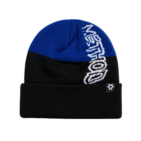 Method Mag blue and black cuffed beanie with white graphic lettering