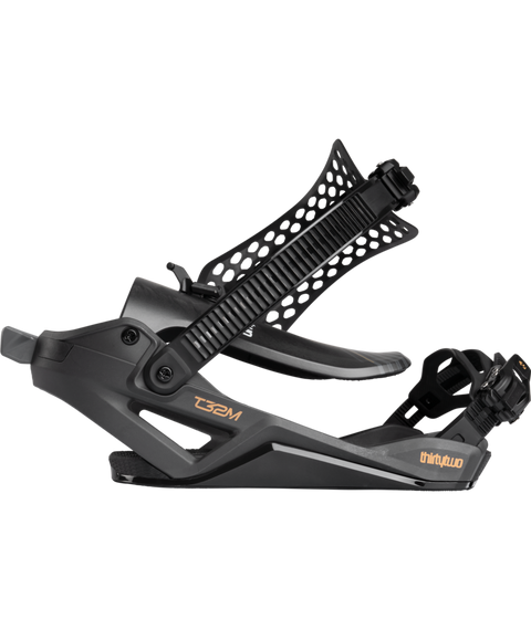 ThirtyTwo T32M XLT FASE snowboard bindings in black with gold branding, pair shown