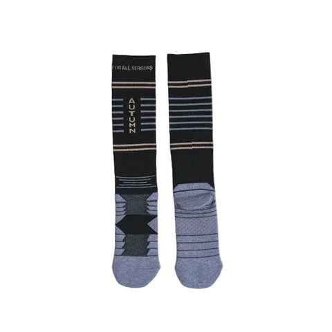 Autumn Steeps black knee-high socks with gray striped pattern and cushioned sole
