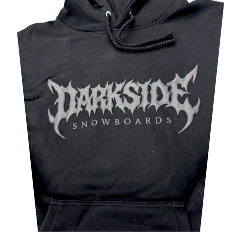 Black heavyweight pullover hoodie with gray metal-style Darkside Snowboards logo graphic