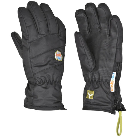 Black kids winter gloves with quilted back, grip palm, side zipper, and lime pull tab