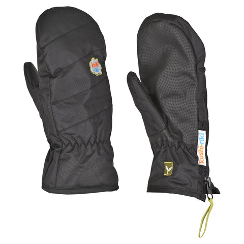 Kushi-riki Kids' black insulated ski mittens shown front and back views