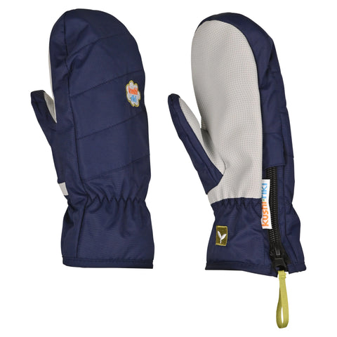 Kids navy blue winter mittens with grey non-slip palm and side zipper pull