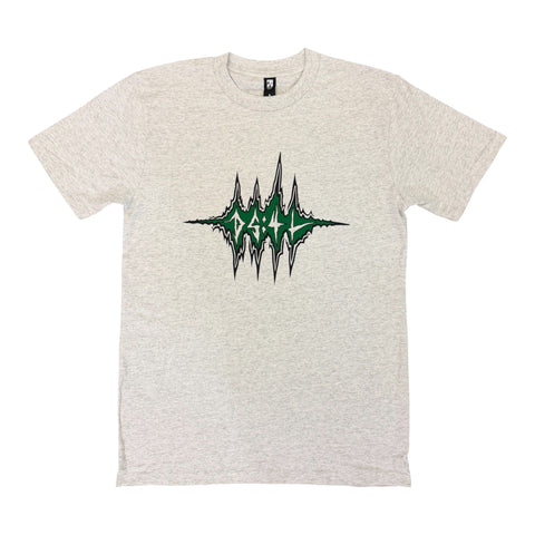 Heather grey t-shirt with green and black spiked gothic DS4L logo graphic on chest