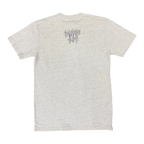 Heather gray t-shirt back view with Darkside 4 Life gothic logo print