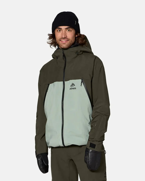 Jones Snowboards men's two-tone olive and mint green Gore-Tex hooded snow jacket