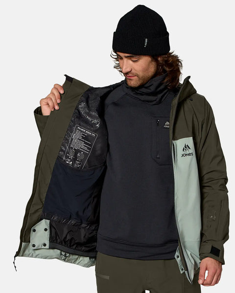 Men's olive green Gore-Tex snow jacket with light gray accents, open showing black interior lining