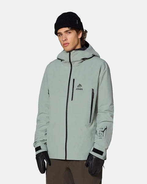 Jones Snowboards men's sage green 3-layer stretch snowboard jacket with hood