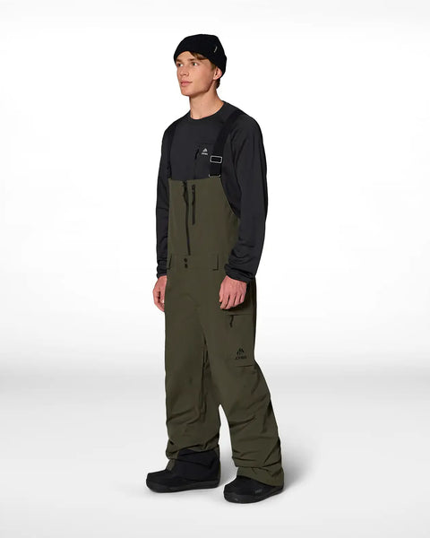 Jones Snowboards men's olive green bib snow pants with cargo pockets and suspenders
