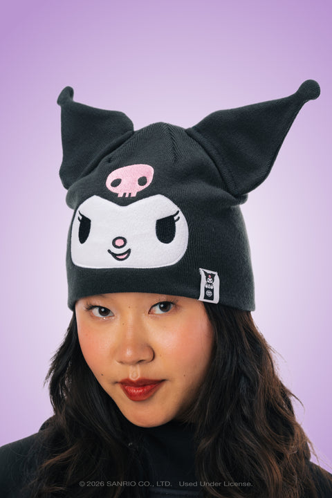 686 x Kuromi black knit beanie with character face and pointed ears