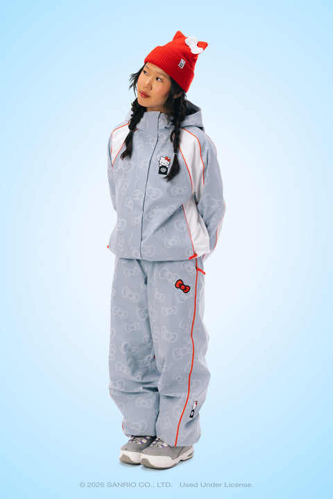 Women's gray Hello Kitty print shell snow pant with red accent stripe