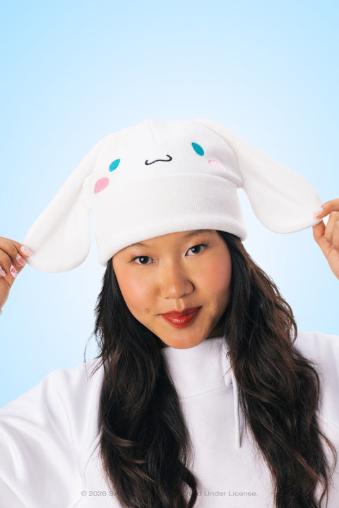 White Cinnamoroll knit beanie with floppy ears and embroidered face