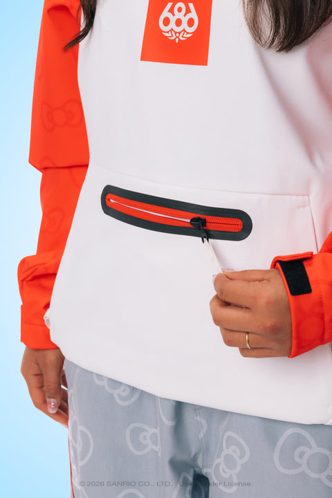686 x Hello Kitty white and orange waterproof hoodie with red zipper pocket detail