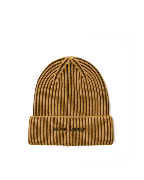 Howl Supply ribbed knit beanie in tan and dark brown stripe pattern